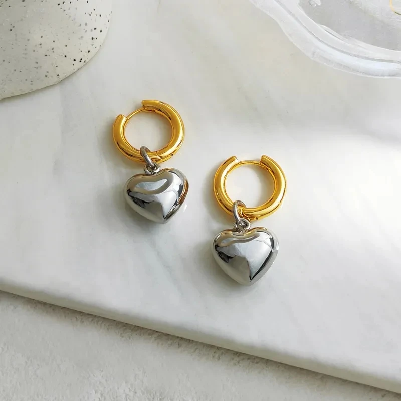 New Statement Minimalist Gold Silver Color Mixed Solid Heart Pendant Hoop Earrings Street Style Korean Trend Fashion Jewelry