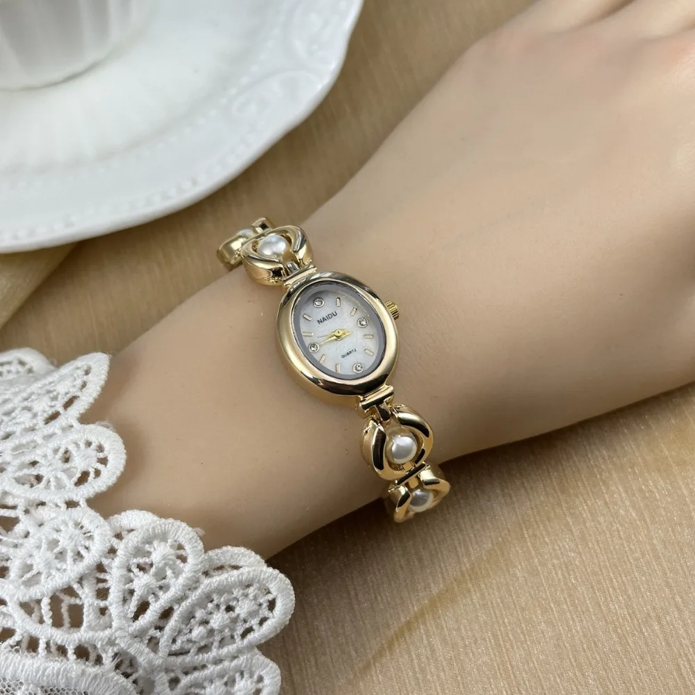 Fashion Women Watch Vintage Pearl Inlaid Strap Bracelet Watch Luxury Gift Ladies Quartz Watches Oval Dial Wristwatches