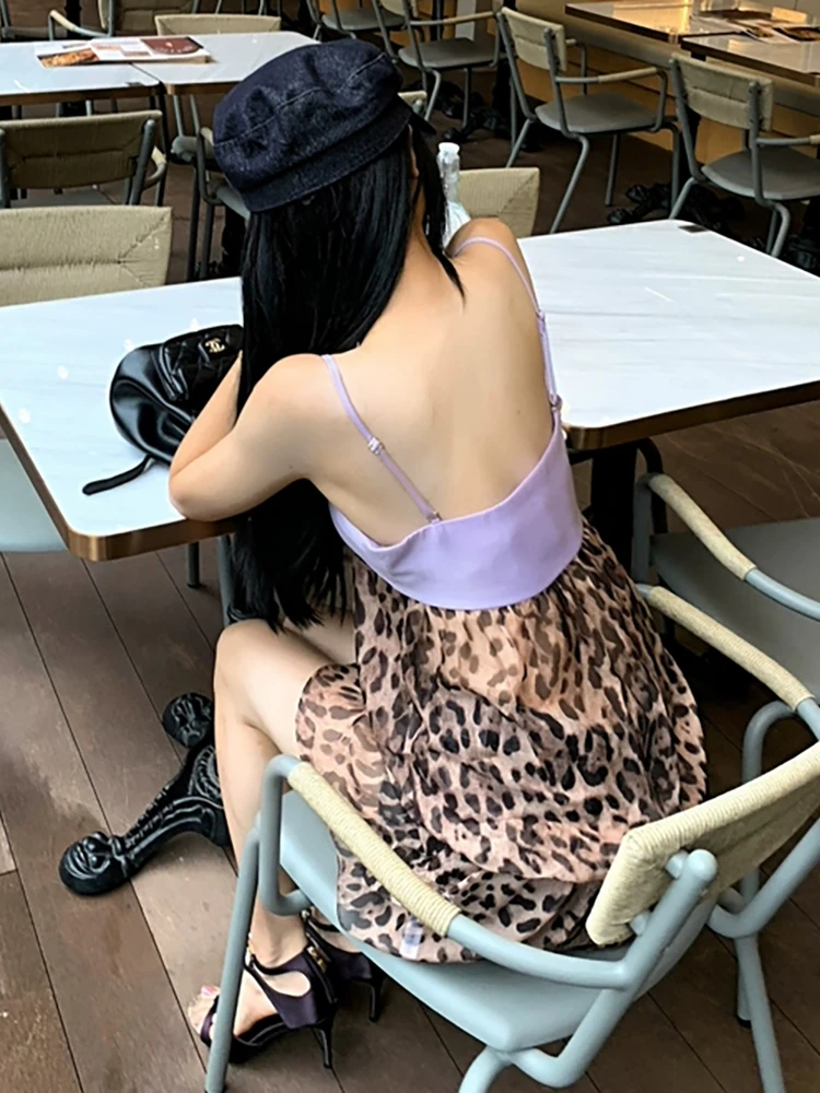 RORORIRI Sexy pure léopard épissé Camisole robe femmes sans manches dos nu Corset couches Mini robe Vintage vêtements d'été