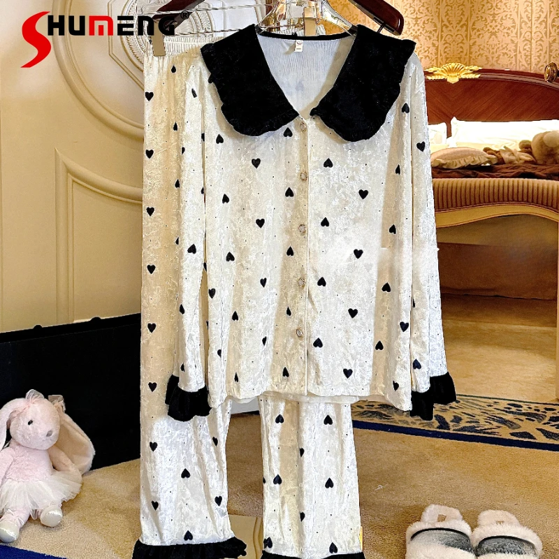 

Бархатные пижамные костюмы с милым кукольным воротником, женские осенне-зимние элитные корейские домашние костюмы, женский комплект одежды для сна в японском стиле Лолиты