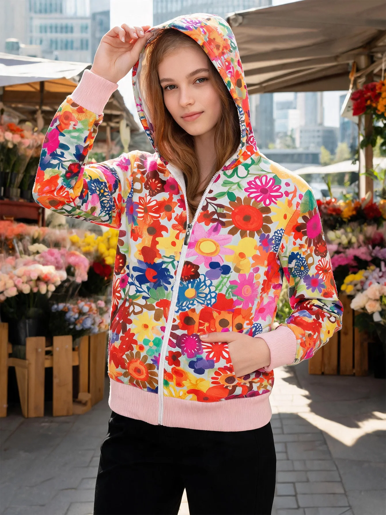 Long-sleeved loose hooded zippered women's sweatshirt, suitable for spring and autumn, slimming and versatile for layering