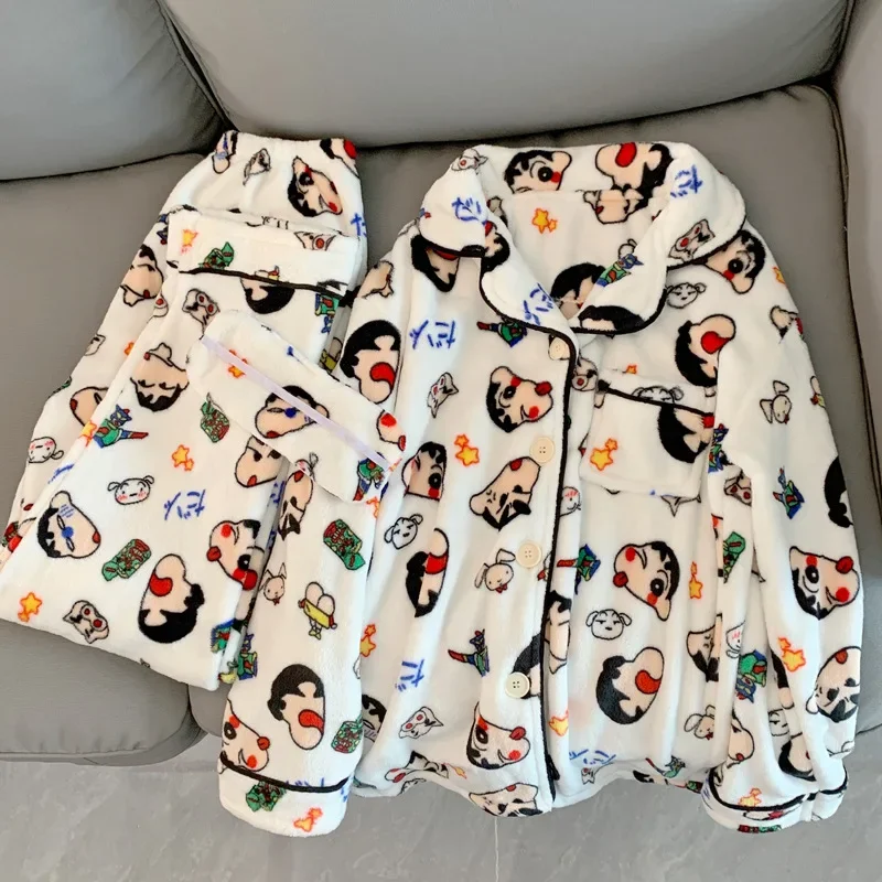 Winter Kawaii Crayon Shin-chan Womens Pajamas Set Flannel Warm Long Sleeve Button Down Top and Trousers Sleepwear 2 Piece