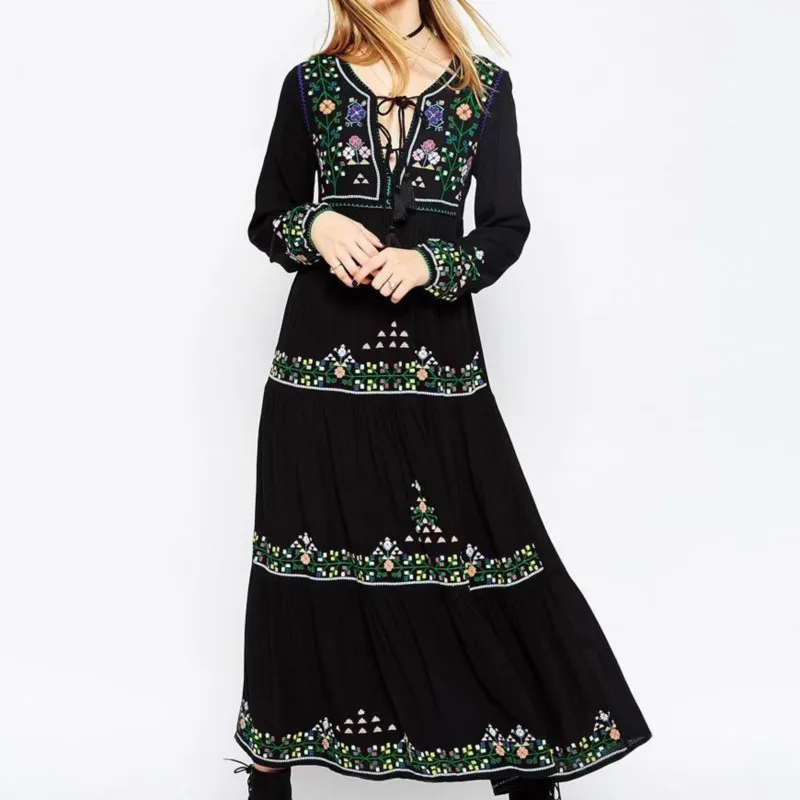 2025 Holiday Black Embroidery Women Dress Long Sleeve Loose Boho Dress Style Maxi Dresses Vestidos V-Neck Sexy Women Clothing