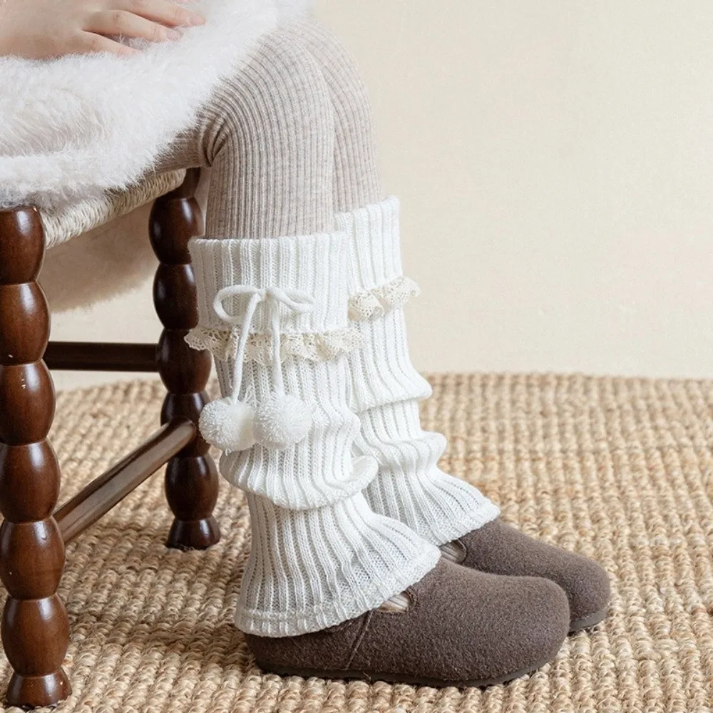 Leg Warmer New Solid Color Middle Tube Sock Thickened Pile Sock Knitted Middle Tube Socks Lolita Bow Pompom Mid-Calf Sock Kid
