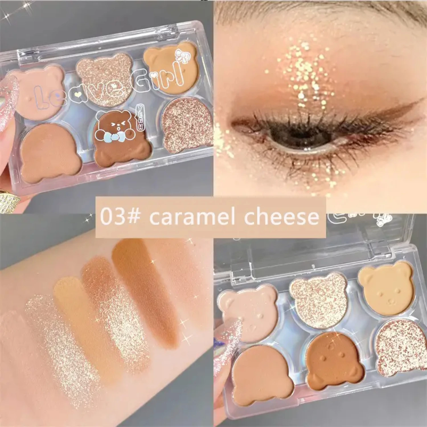 Bright 6 สีติดทนนาน Shiny Glitter อายแชโดว์ Contouring Powder ถาด - Bear Plate Eye Shadow Palette สําหรับหญิง, 6 in 1