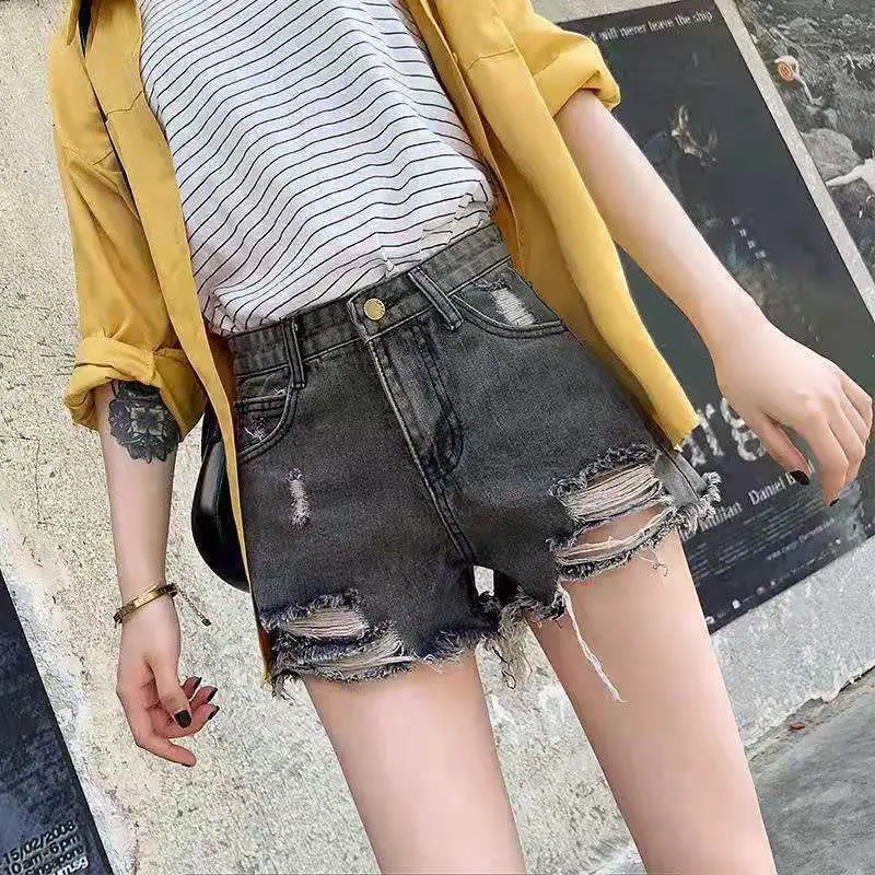 Hole Loose Denim Shorts Summer New High Waist Solid Color Wide Leg Hot Pants Trend Casual Fashion Women Clothing