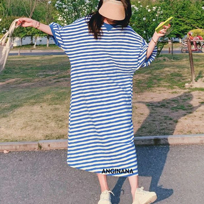 Summer  Large Size10XL 150kg Women's Blue Stripe Dress O-Neck Short Sleeve Loose Relaxed Dalian big Dress