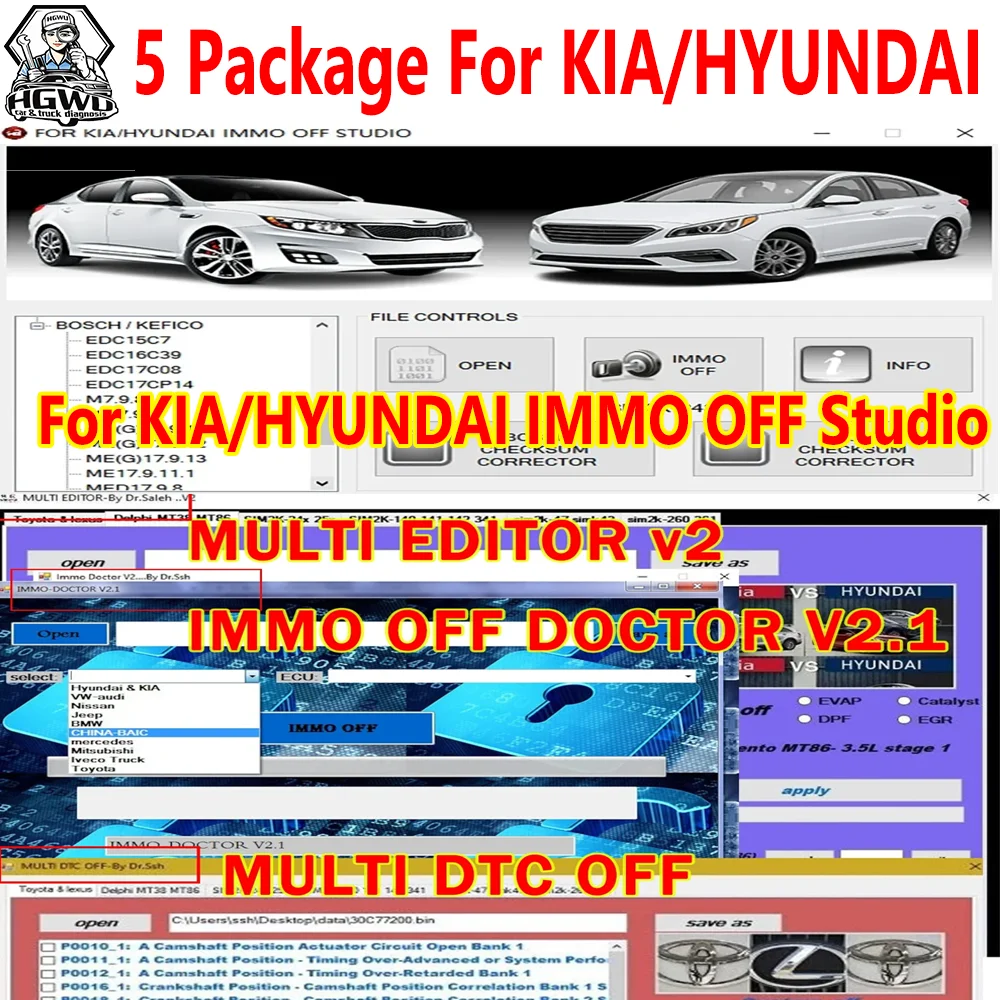 5 Package For Hyundai KIA software KIA HYUNDAI IMMO OFF STUDIO IMMO OFF MULTI EDITOR V2  DT C OFF By Dr.Sh with Unlimited KEYGEN