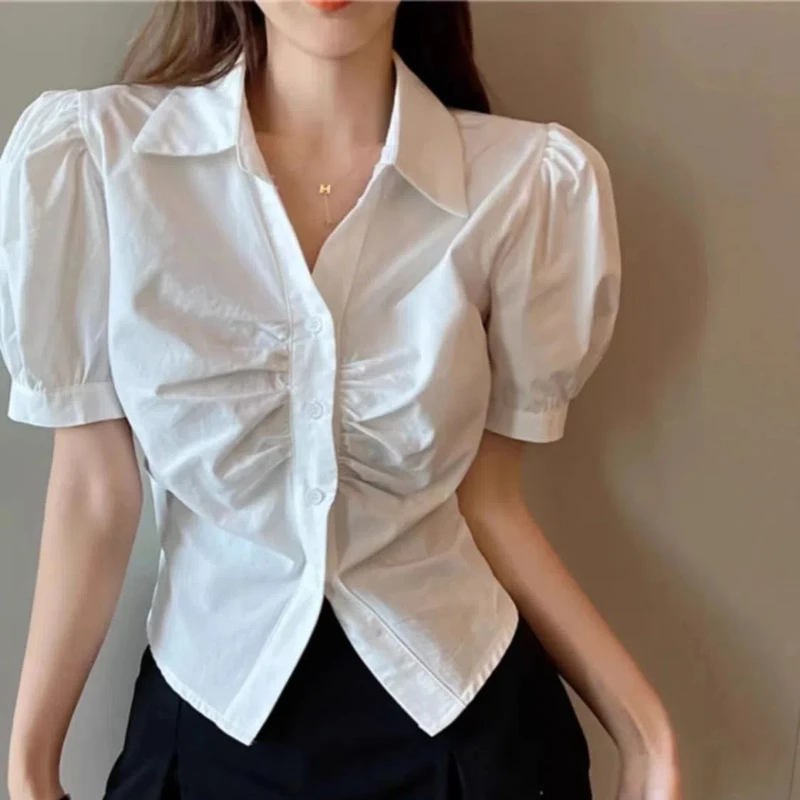 Summer Sweet Cute Puff Sleeve White Shirt New Sexy Pleatedy Slim Turn-down Collar Short Blouse Elegant Fashion Women Clothing