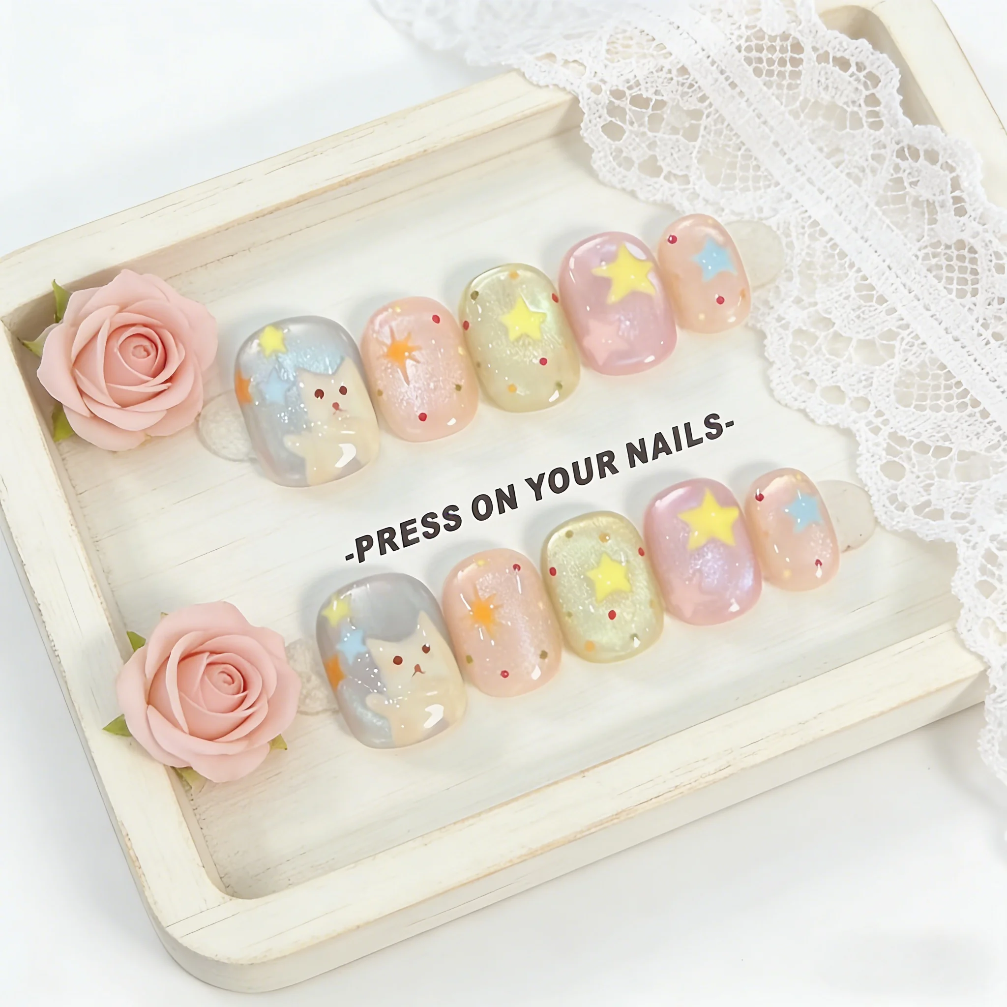 

10pcs Starry Cat Handmade Nails Cute Dopamine Cat Eyes Press on Nail Short Square Fake Nail for Women&Girl False Nail Art
