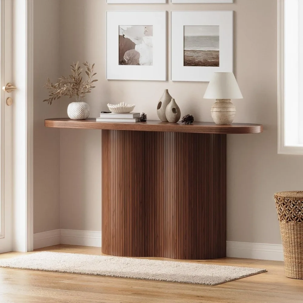 طاولة مدخل طويلة مخددة مقاس 57 بوصة، طاولة وحدة تحكم بتصميم شلال الدف خلف الأريكة، طاولة أريكة خشبية حديثة لـ Entra #6