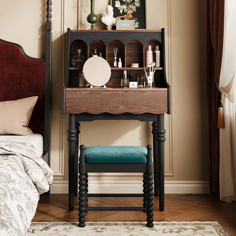Madera maciza retro francesa, tocador antiguo, taburete de mesa de maquillaje con cajón, mesa de maquillaje combinada para dormitorio y hogar