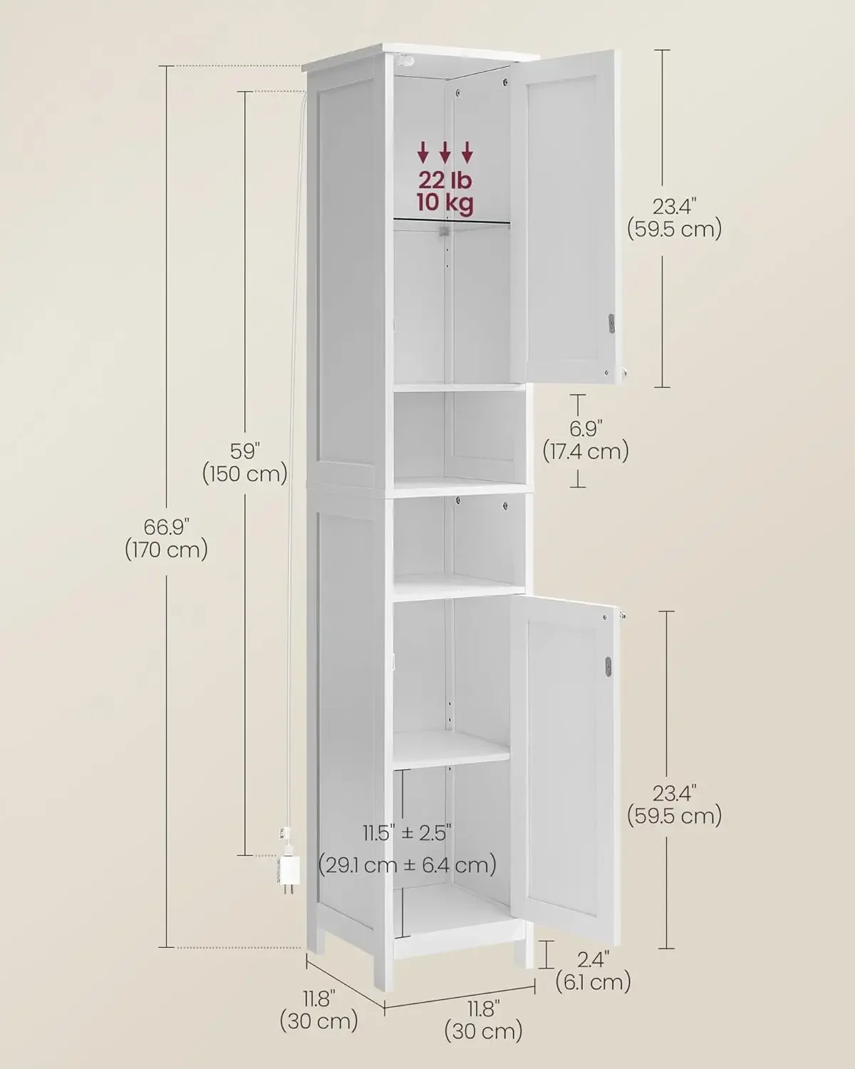 

VASAGLE Tall Bathroom Cabinet with Lights, Slim Bathroom Storage Cabinet, Freestanding Narrow Cabinet with Adjustable Shelves