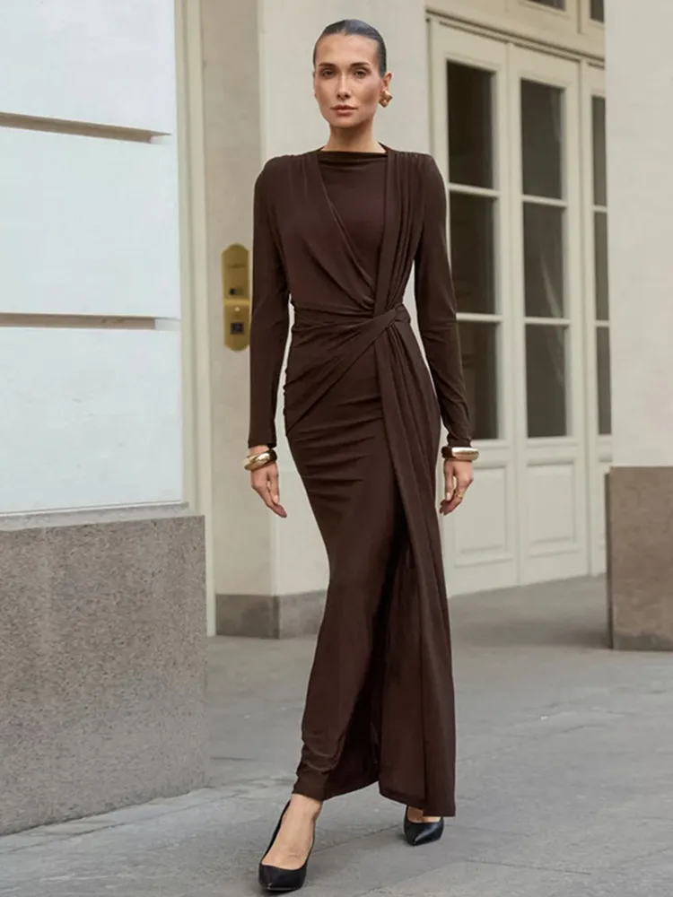 

BKLD Fashion Autumn French Long Dresses Women Clothing Elegant High Waist Ruched Slimming Evening Dress Long Sleeve Solid Color