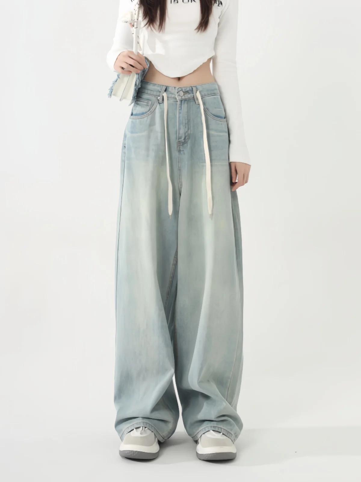 

Широкие джинсы с высокой талией, женские свободные брюки, осень-зима, большие размеры, утягивающие длинные брюки с водной талией, светло-голубые