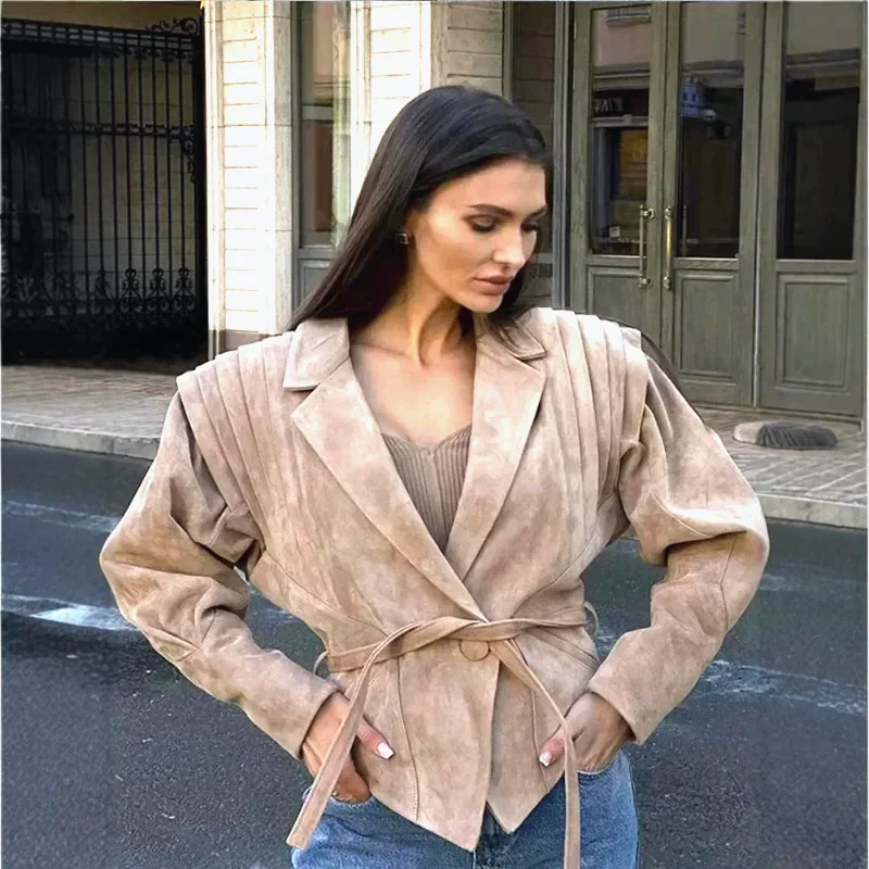 

Women Autumn Women's Fashion Belt-Fitted Chamois Leather Jacket European and American Style Street Design Sensibility