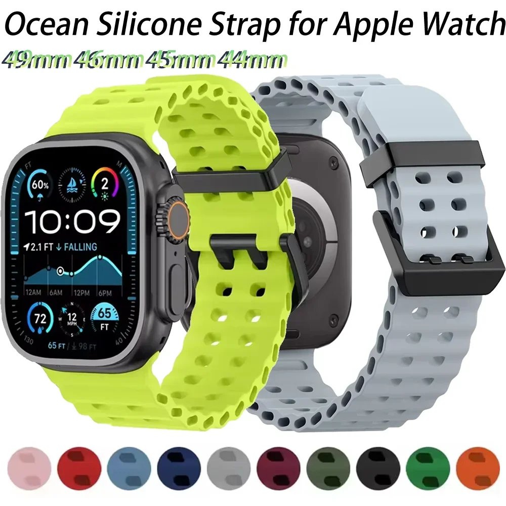 

Ремешок Ocean из силикона + металлической пряжки для Apple Watch Band Ultra 2/1 49 мм серии 10, 46 мм, ремешок iWatch 9 8 7 45 мм 6 5 4 SE 44 мм Correa