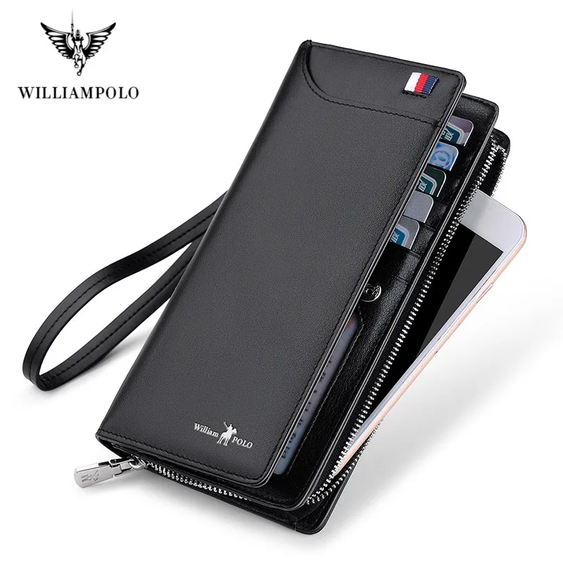 WILLIAMPOLO Men Wallets Long Style High Quality Card Holder Male Purse Zipper Large Capacity Brand Cow Leather Wallet For Men