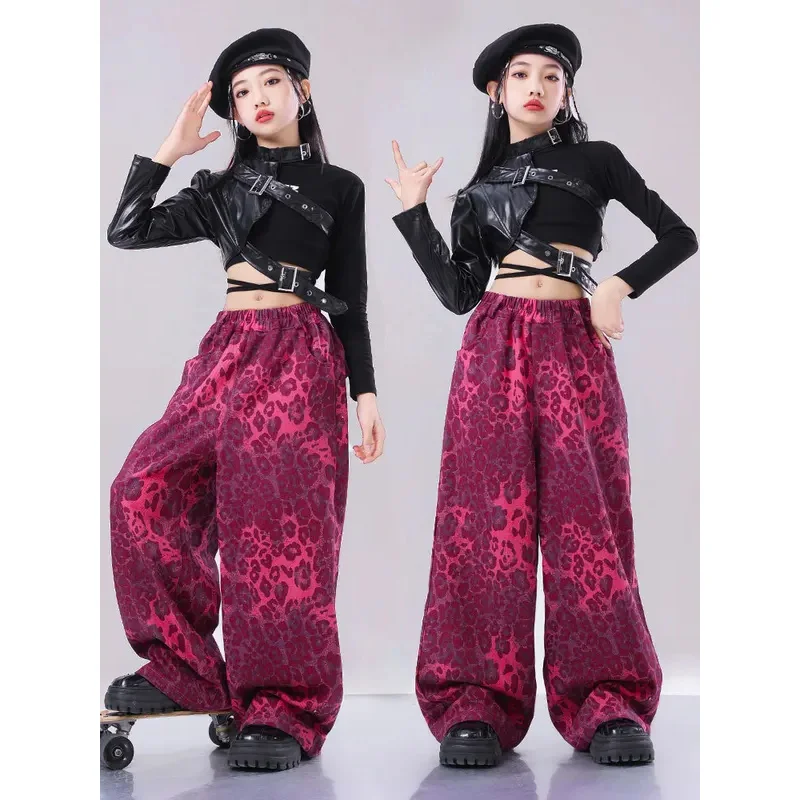Ropa de actuación de baile de Jazz, trajes umbilicales, ropa de ensayo de pasarela para niñas, conjunto de pantalones cortos con estampado de leopardo rosa de 6 a 16 años
