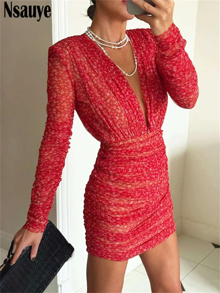 ชุดเดรสสั้นแขนยาวสำหรับผู้หญิง Nsauye ดีไซน์เซ็กซี่ คอวีเว้าลึก เหมาะสำหรับงานปาร์ตี้กลางคืน แฟชั่นใหม่ สวยสง่า สำหรับฤดูหนาว ปี 2025