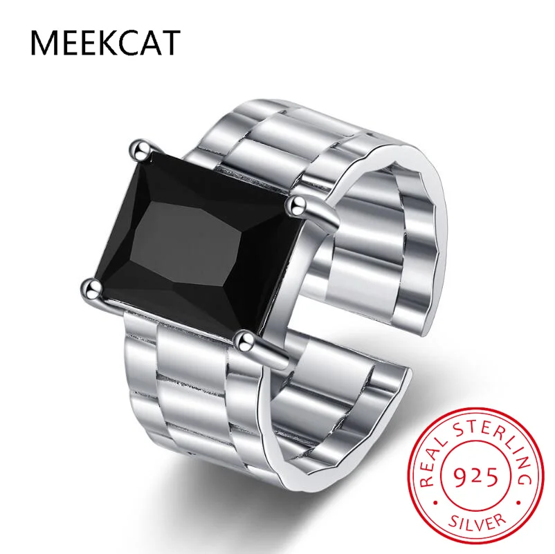 Real 925 Sterling Silver Punk Black Zircon Watch Chain Adjustable Ring anillos De Prata For Women Wedding Party Jewelry Gift