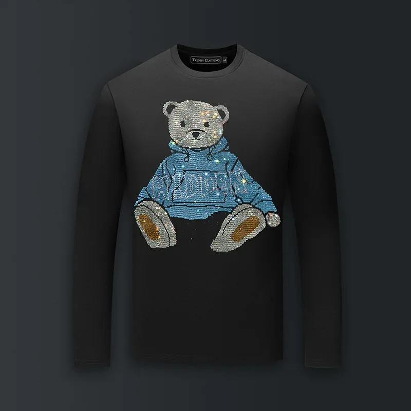 

Plus Size Cartoon Bear Rhinestones T Shirts Men Fashion Streetwear Mercerized Cotton O Neck Long Sleeve Tshirts Mens Clothing