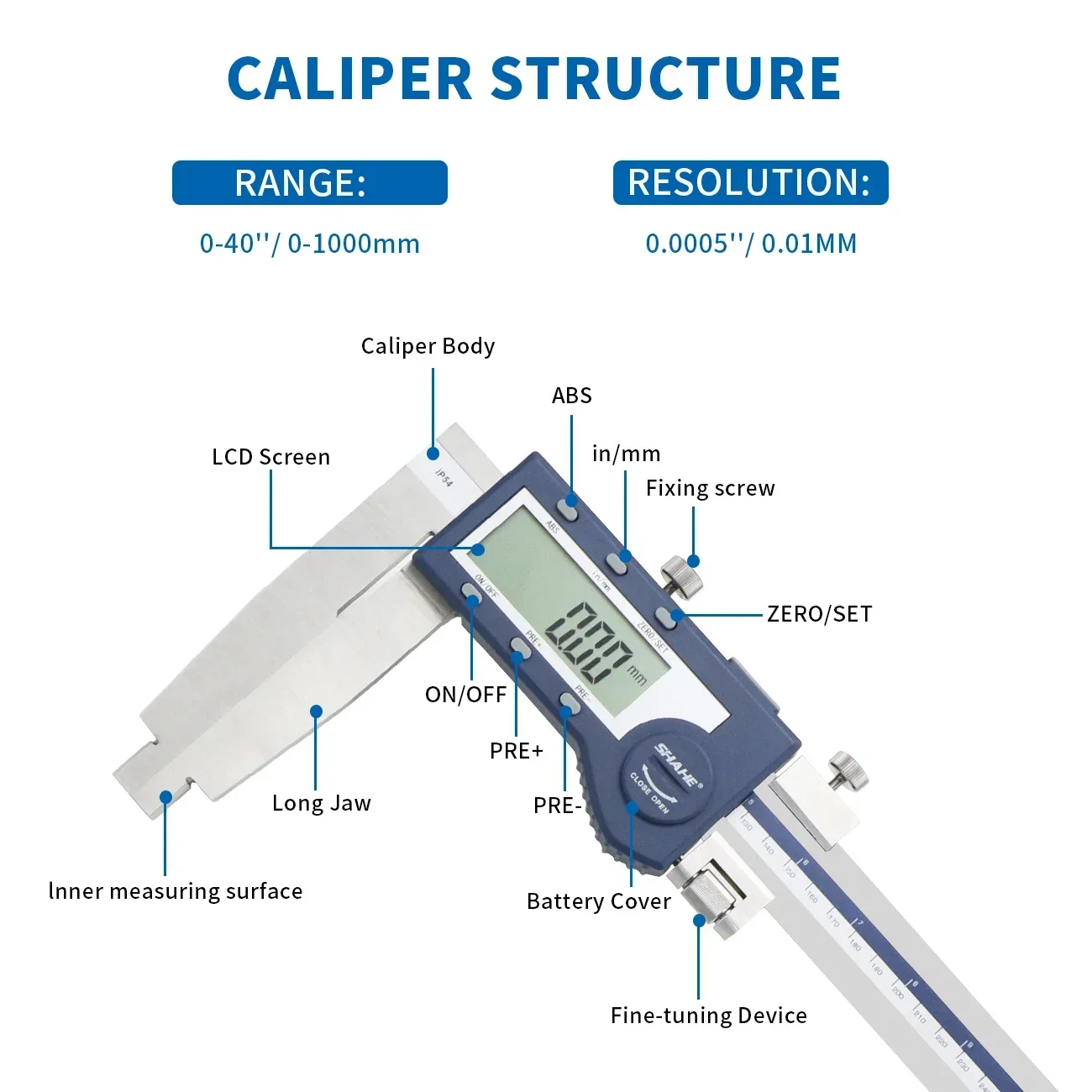 SHAHE 40''1000mm Electronic Digital Caliper Ruler Heavy Duty Long Jaw Digital Caliper Stainless Steel Caliper 1000mm