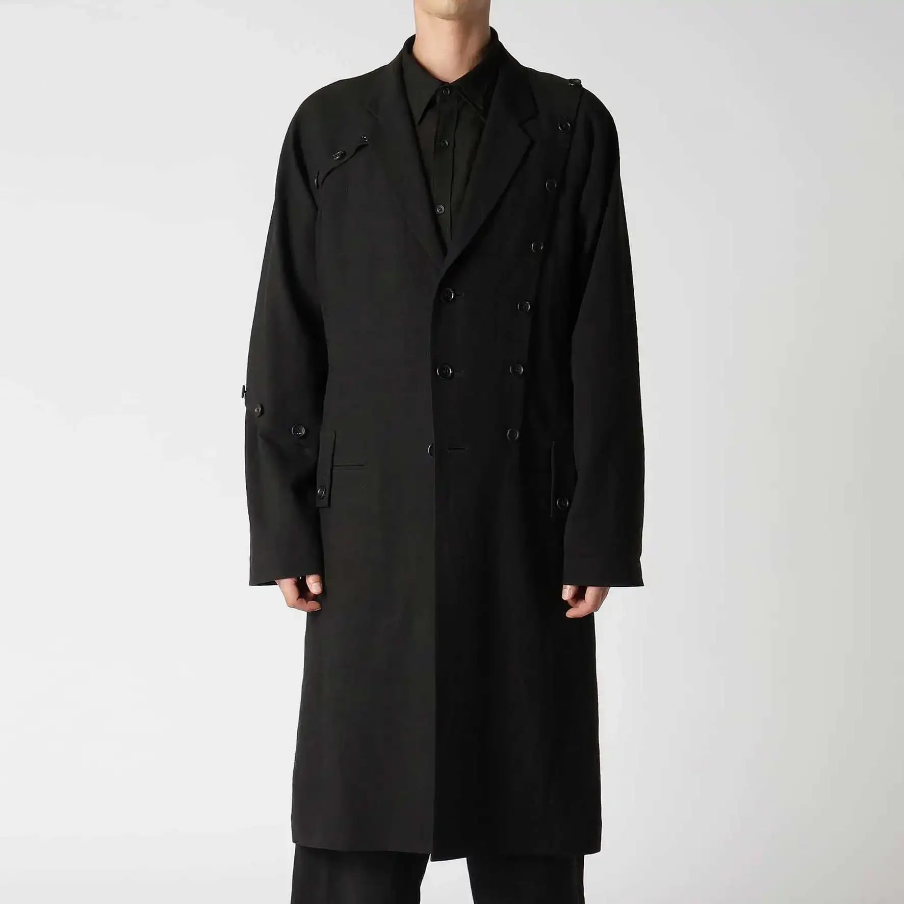 

YOJI OOAK design sense button asymmetrical decoration suit collar jacket medium long straight tube black trench coat for men