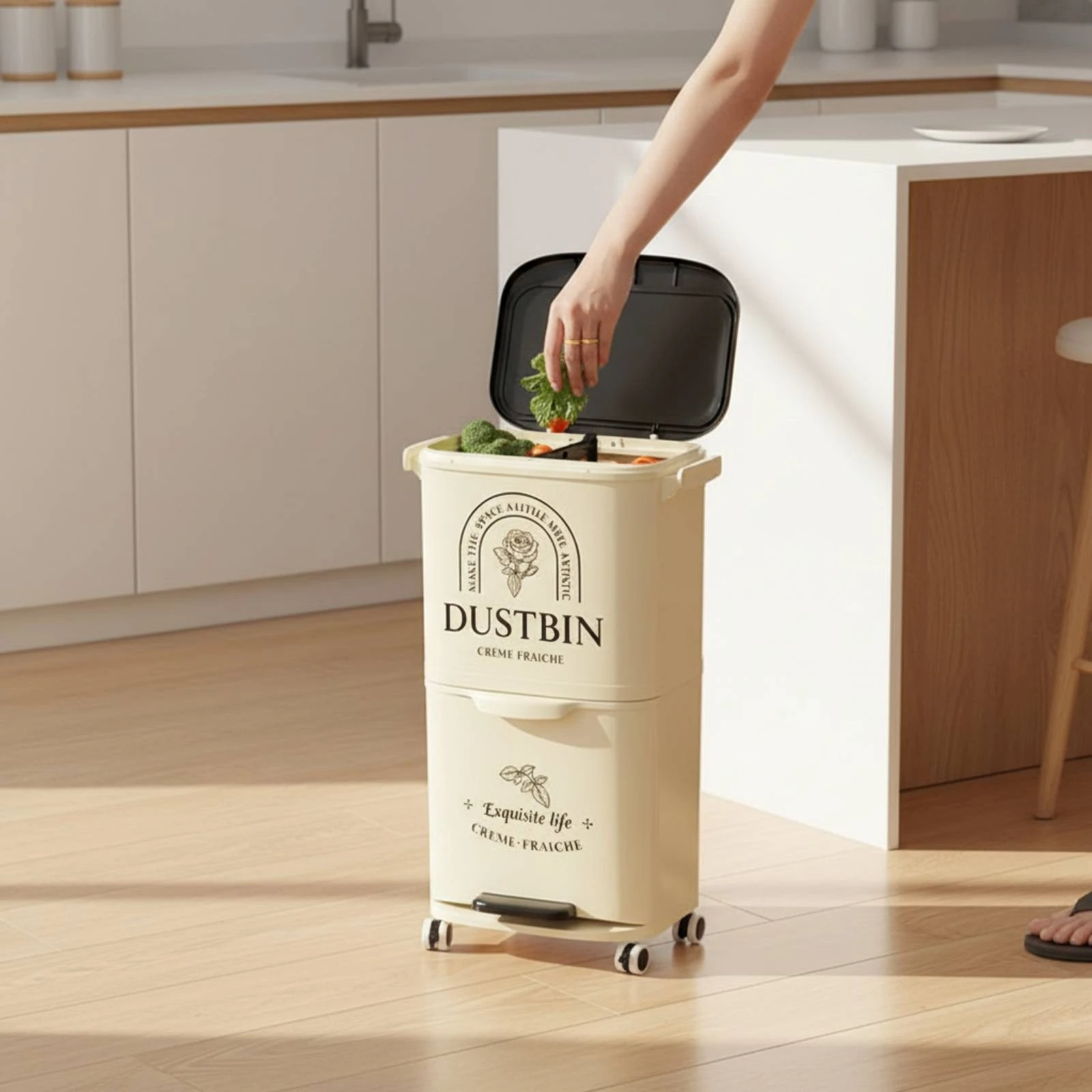 Dual Compartment Trash Can Space-Saving Trash Bin with Foot Pedal Garbage Can with Wheels Easy-Clean Wastebasket Long-Lasting
