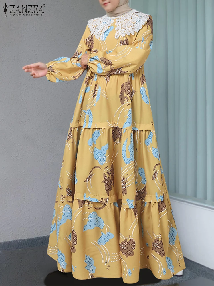 Mulheres floral impresso vestido muçulmano abaya primavera maxi vestido de verão zanzea elegante manga longa rendas retalhos vestidos dubai robe 2025