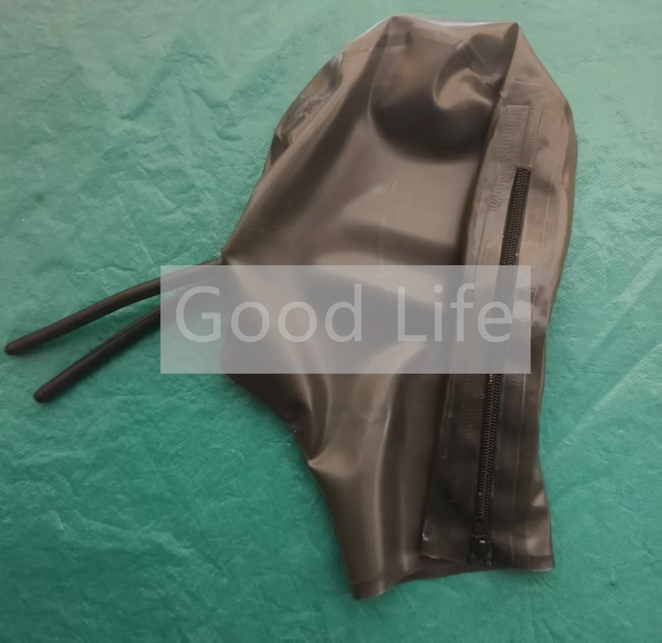 

Black Natural Latex Hoods Mask Rubber Hood Close Eyes and Mouths With Two Black Nose Tubes Back Zip Halloween Cosplay Headgear