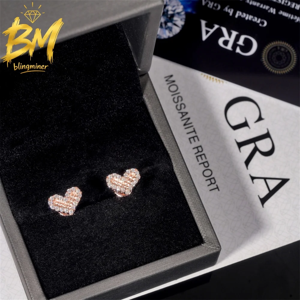 Blingminer Heart Shape S925 Silver VVS Moissanite Earrings For Men Women Ear Studs Jewelry Pass Diamonds Tester GRA Free Shippin