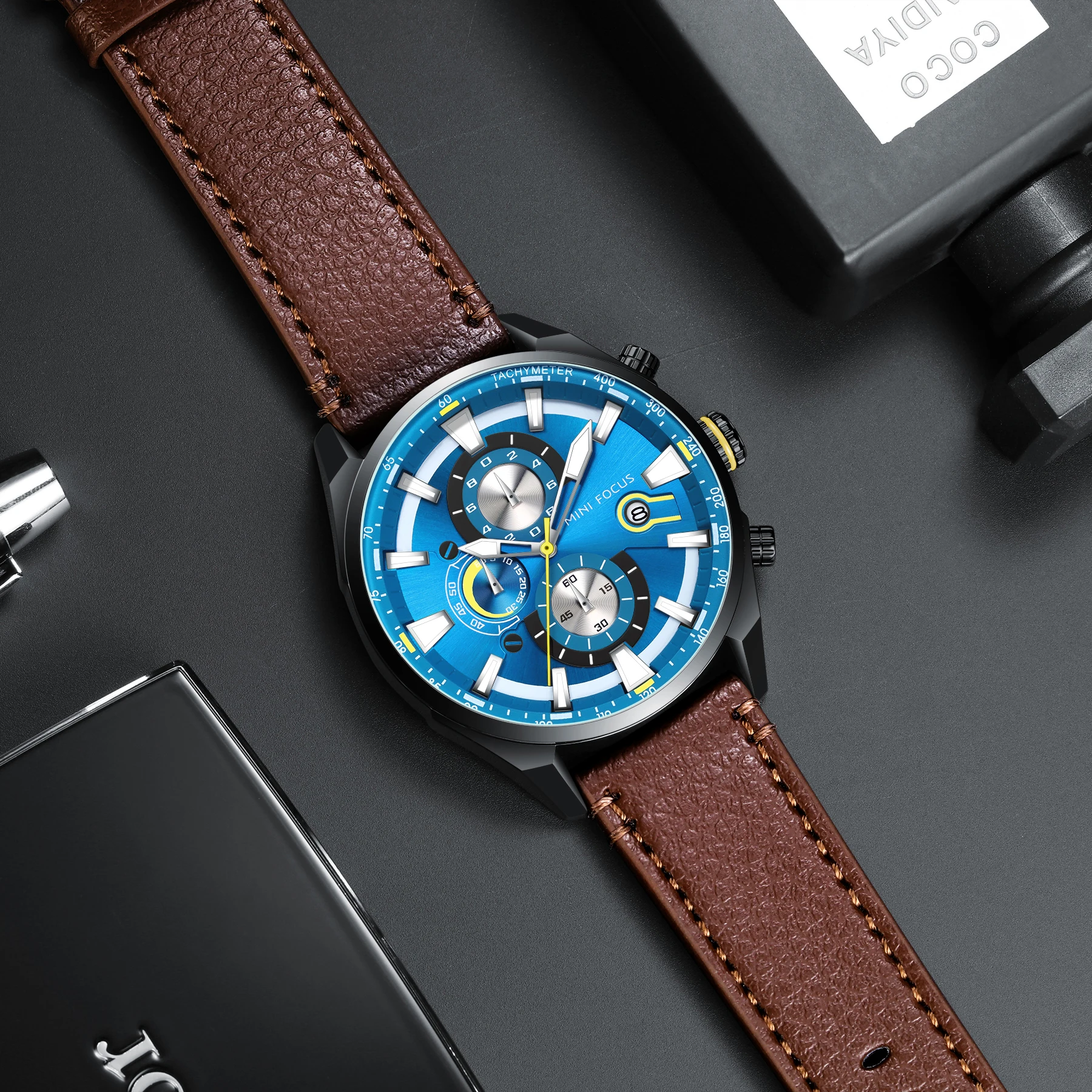 Mini Focus MF0202G-Montre à Quartz pour Homme, Bracelet en Cuir, Chronographe, Tachymètre, Étanche, Nouveau Lancement