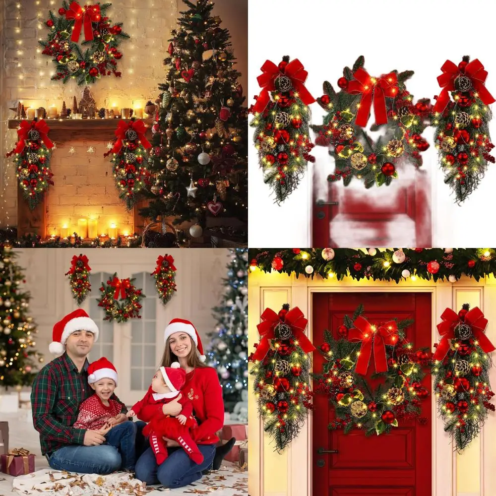 

24-дюймовый предварительно освещенный рождественский венок и набор с бантами, сосновыми шишками и ягодами для украшения внутренней/наружной двери