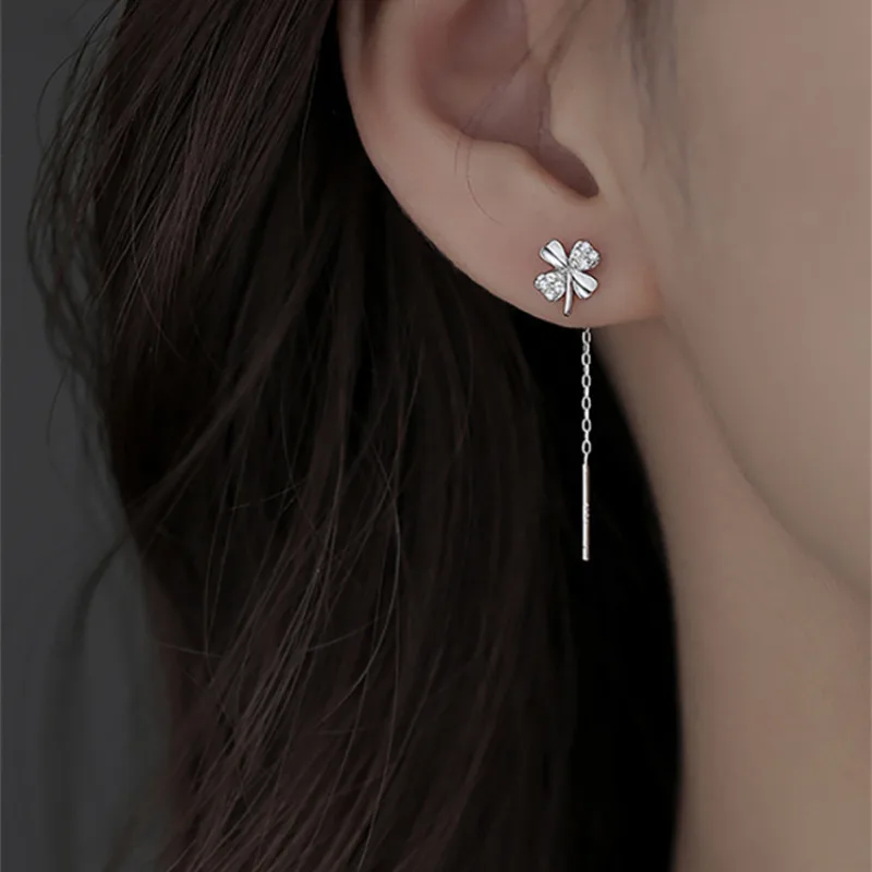 CIAXY Silver Color Plant Flower Clover Zircon Stud Earrings for Woman Girl Chain Tassel Earring Classic Fine Jewelry Gift