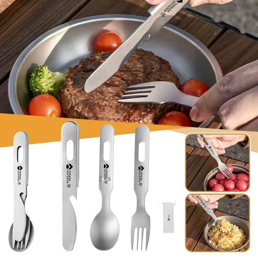 3PCS Pure Titanium Camping Cutlery Set Lightweight Stackable Fork Spoon Knife with Bottle Opener Outdoor Tableware