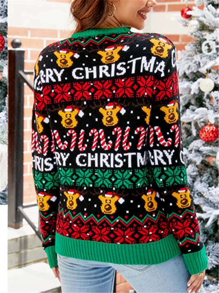 Ugly Cartoon Deer Merry Christmas Sweater for Woman Winter Adult Pullover Full Sleeve Ladies Stitch Jumper Jeresy Mujer Xmas