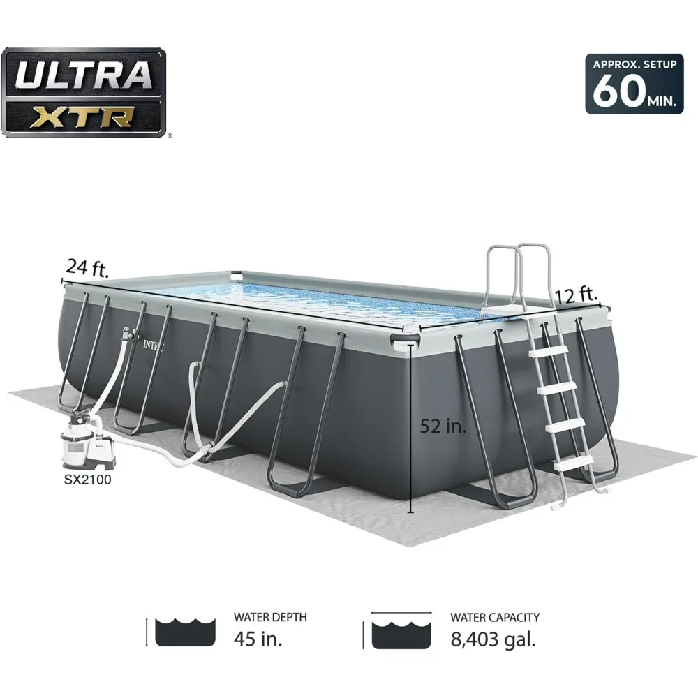 Ultra XTR Deluxe Rectangular Above Ground Swimming Pool Set: 24ft X 12ft X 52in – Includes 2100 GPH Sand Filter Pump