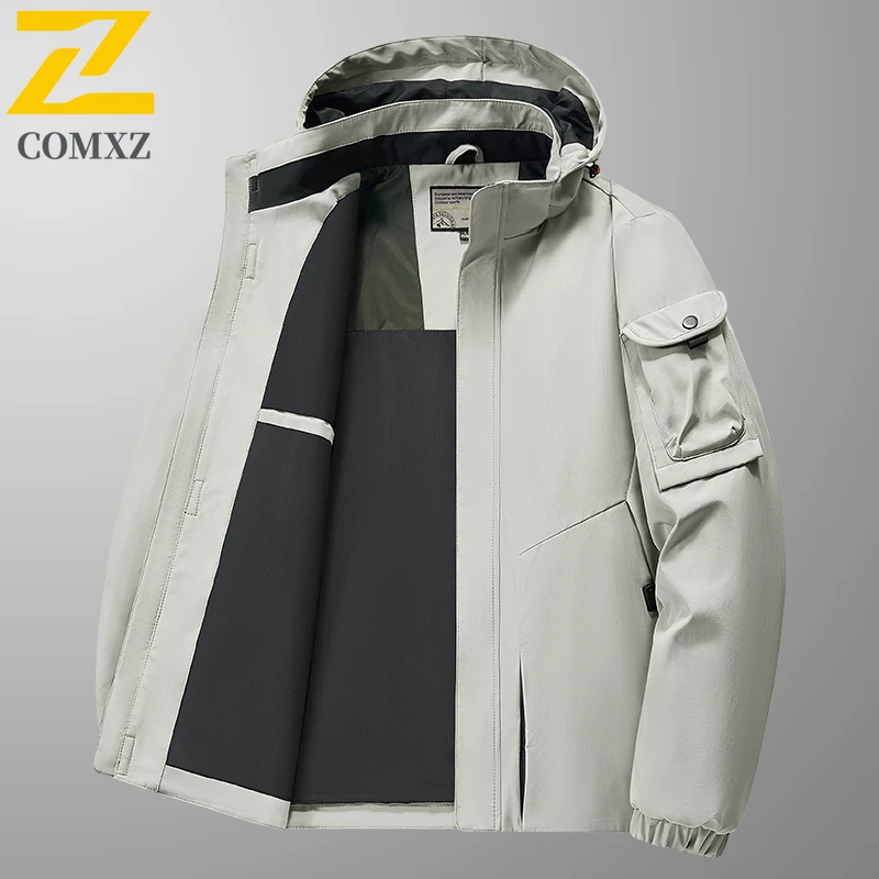 COMXZ Premium Mens Jacket Outdoor Mountaineering Windproof Coat Loose Hooded Camping Wind Resistant Spring Autumn Windbreaker