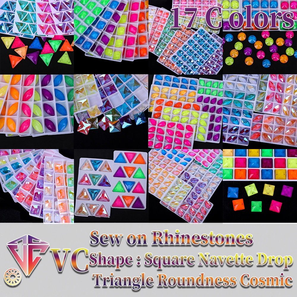 VC Neon Fluorescent Sew on Rhinestone Square,Navette,Triangle,Drop,Round,Cosmic Sewing Diamond Flatback DIY Accessories Wedding