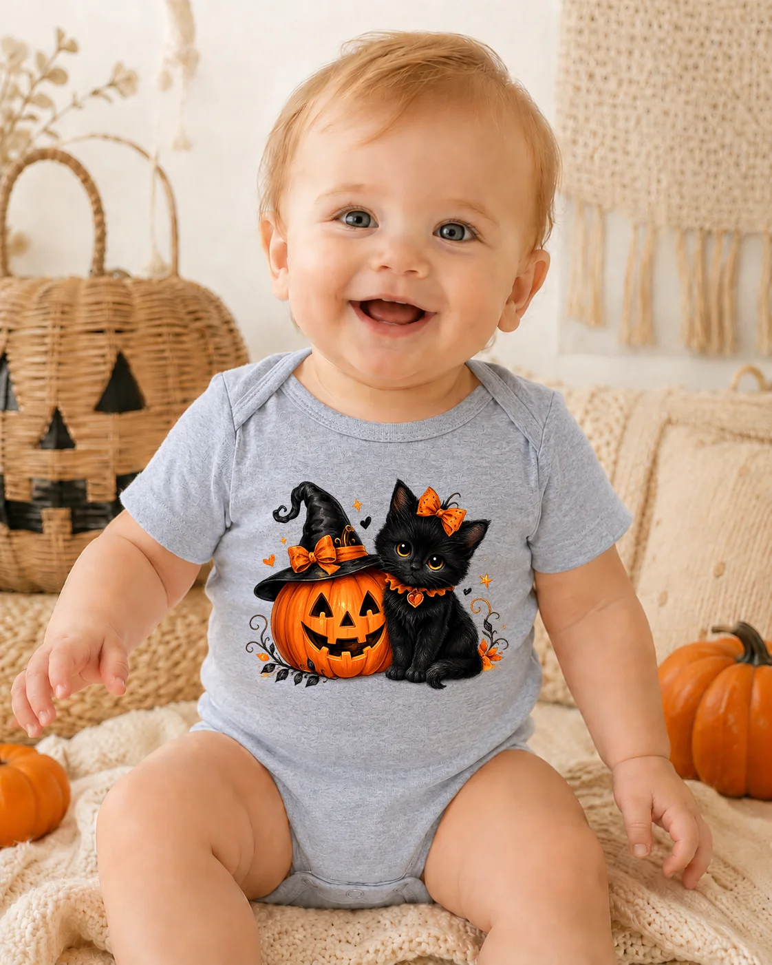 Halloween Baby Bodysuit Cute Black Cat Pumpkin Witch Hat Print Infant Romper Newborn Short Sleeve Onesie Fall Baby Photo Outfit
