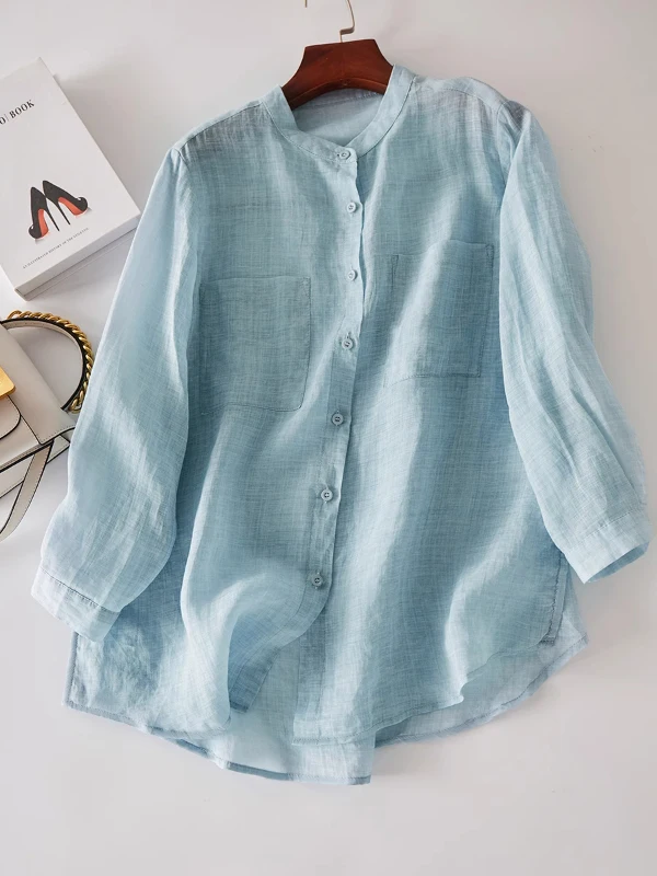 سترة نسائية كاجوال من القطن والكتان مستديرة Ne irt رفيعة قابلة للتنفس وفضفاضة قابلة للتنفس طويلة Sve مفتوحة لموسم الخريف #5