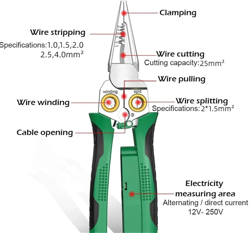 8 in 1 Multifunctional Wire Cutting Crimping Stripping Pliers Wire Stripping Pliers with Voltage Test Steel Needle-nose Pliers