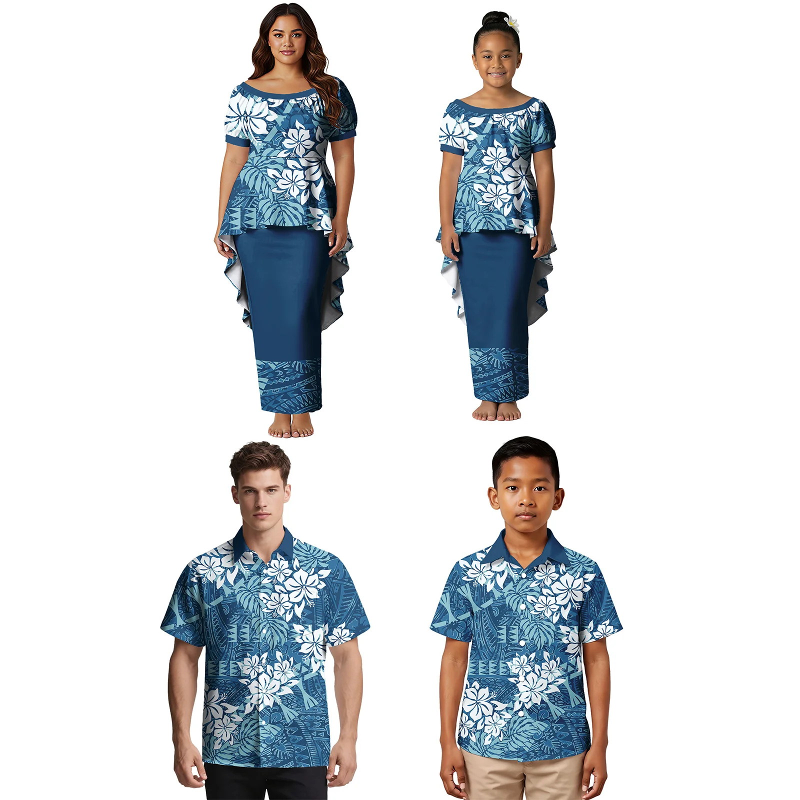 

Hawaiian Flowers Custom Image Cozy Family Outfits Samoan Polynesian a Family of Four Puletasi Dress Shirt Clothes Set for Family