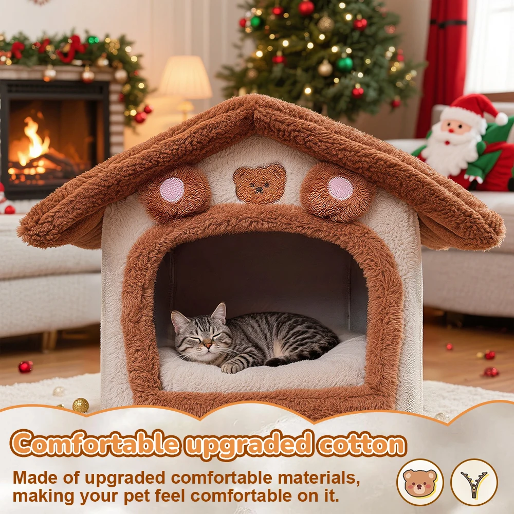 Casa para gatos mejorada, linda casa para mascotas con diseño plegable con cojín extraíble, lavable a máquina, versión reforzada extra grande, cómoda y cálida, semicerrada que proporciona una seguridad suficiente para gatitos, accesorios para mascotas, adecuada para descansar y dormir para perros pequeños.