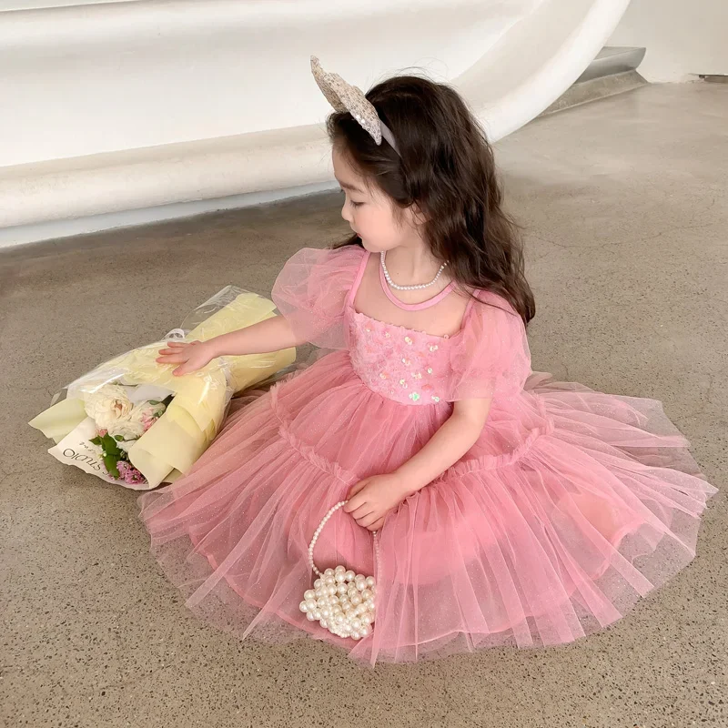 Baby Girls Summer Dress Mesh Lace Sequins Elegant Princess Dress Kids Clothes 2-8 Years Children Party Dresses Infant Clothing