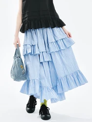 IMAKOKONI original design elastic waist blue checkered lace patchwork skirt 244706