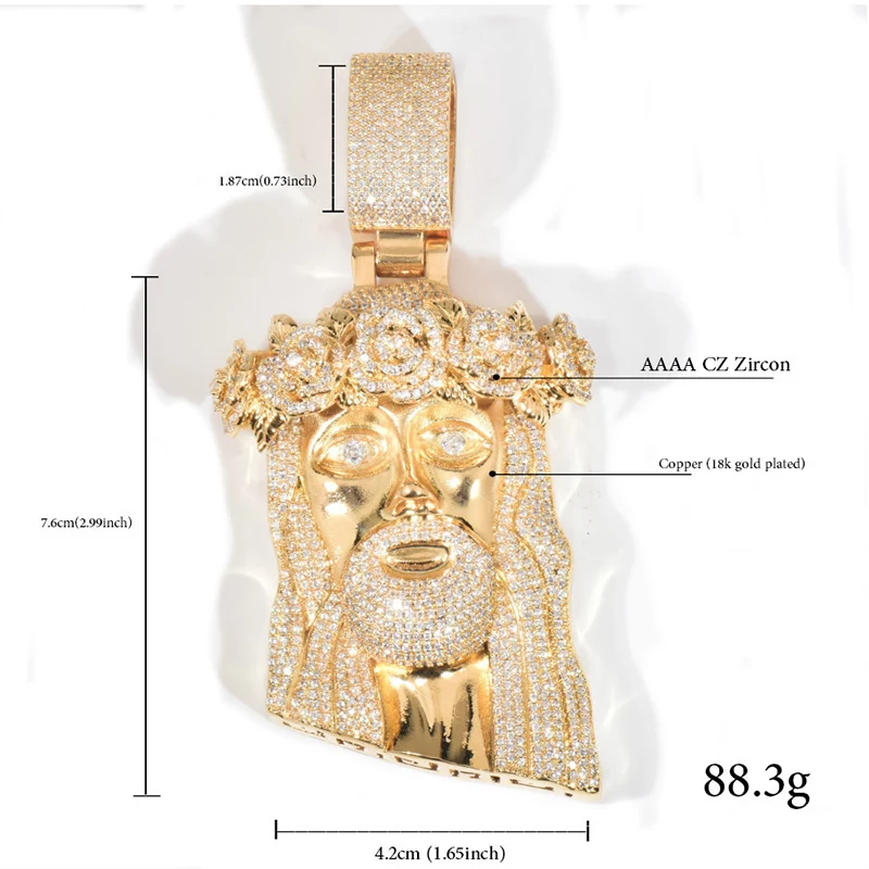 Hip Hop 5A+ CZ Stone Paved Bling Ice Out Rose Flower JESUS PIECE Pendants Necklaces for Men Rapper Jewelry Gold Silver Color