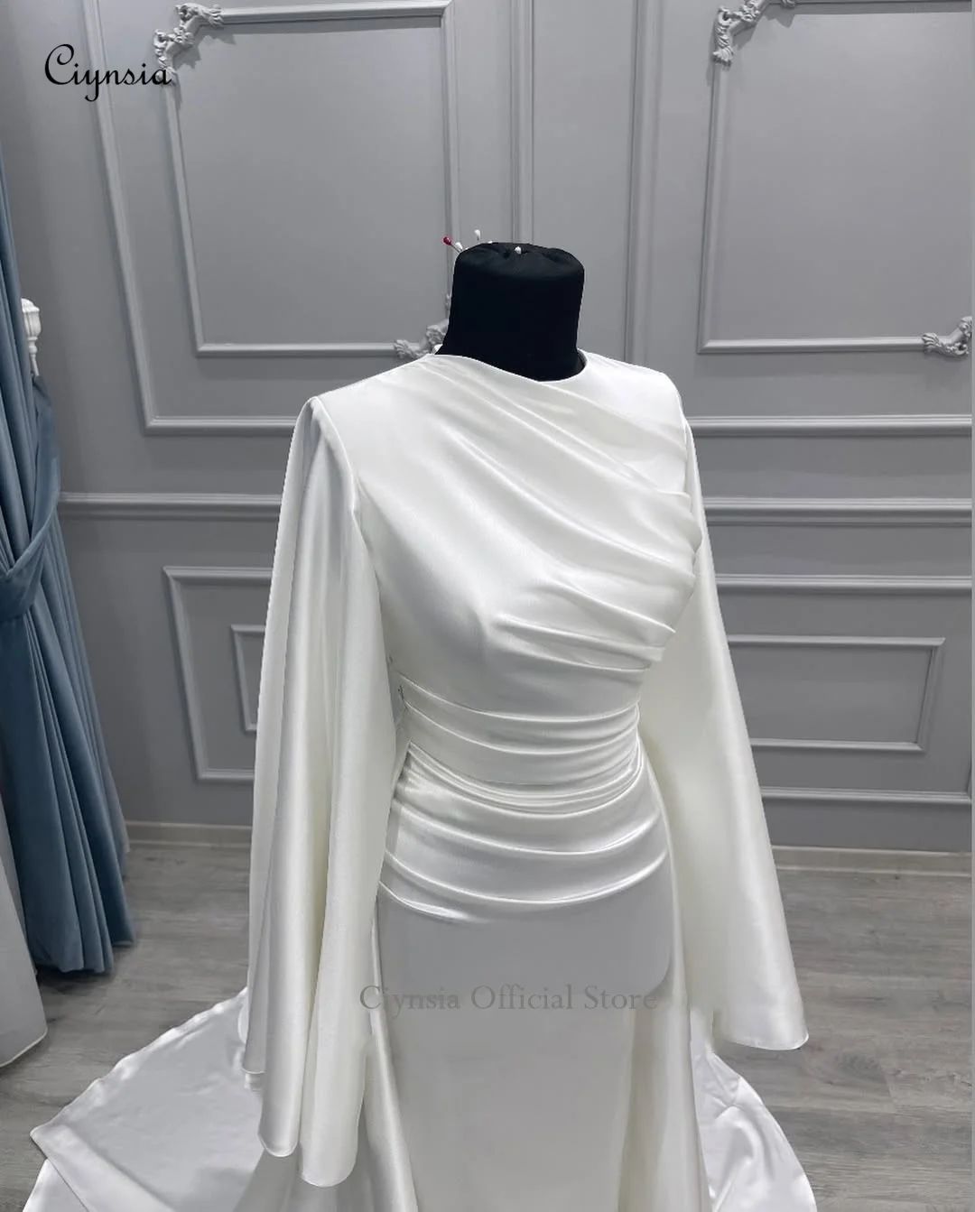 Ciynsia Customized Vestidos De Novia 2026 Silk Satin Muslim Wedding Dresses Mermaid Long Sleeves Ivory Bridal Gowns for Bride
