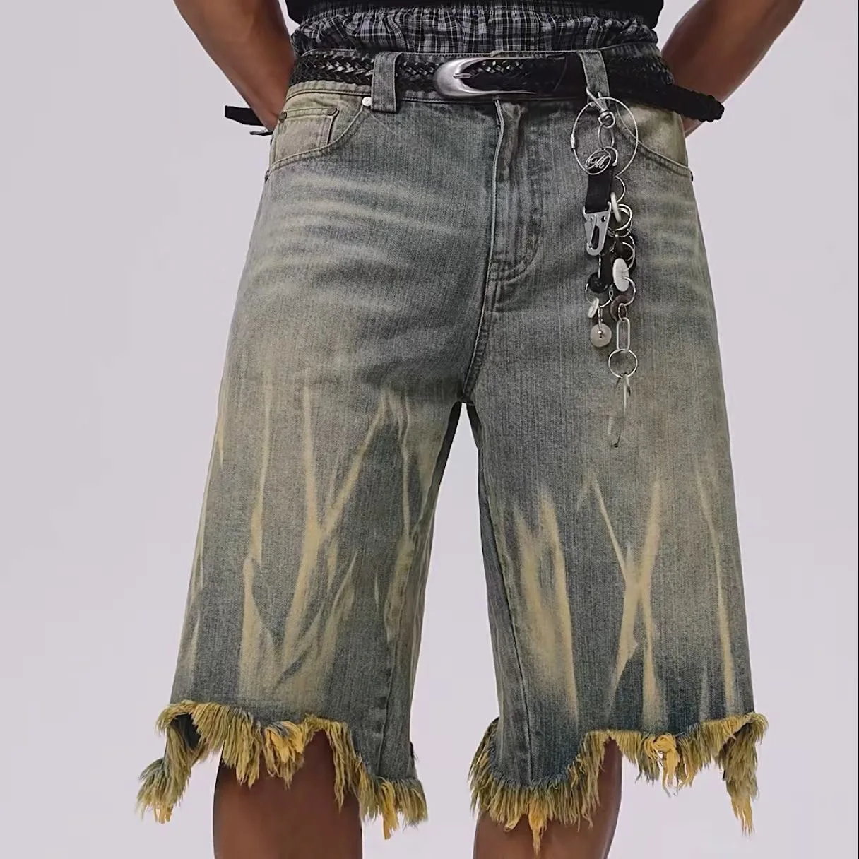 Men Tassel Trendy Capri Denim Pants Shorts Male Vintage Tie Dye Hip Hop Shorts Boy Hansdome Distressed Aged Ins Chic Y2K Shorts
